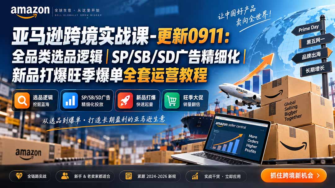 亚马逊跨境实战课-更新0911：全品类选品逻辑｜SP/SB/SD广告精细化｜新品打爆旺季爆单全套运营教程