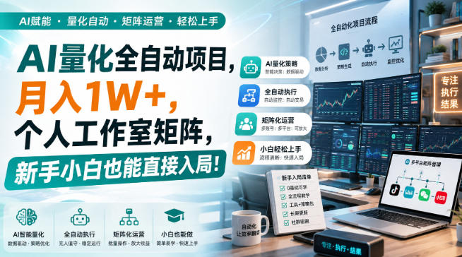 AI量化全自动挂机，月入1W+，个人工作室矩阵，新手小白也能直接入局！