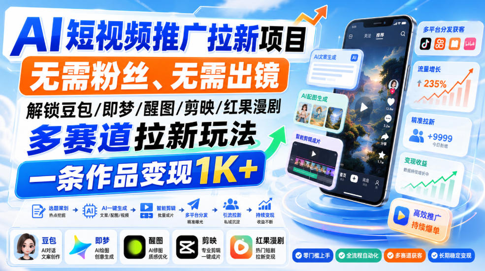 AI短视频推广拉新项目，无需粉丝、无需出镜，解锁豆包/即梦/醒图/剪映/红果漫剧多赛道拉新玩法，一条作品变现1K+(更新0910)