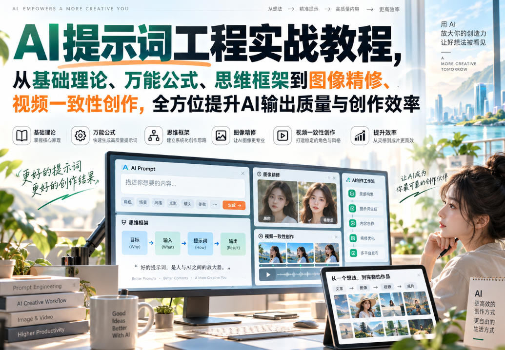 AI提示词工程实战教程，从基础理论、万能公式、思维框架到图像精修、视频一致性创作，全方位提升AI输出质量与创作效率